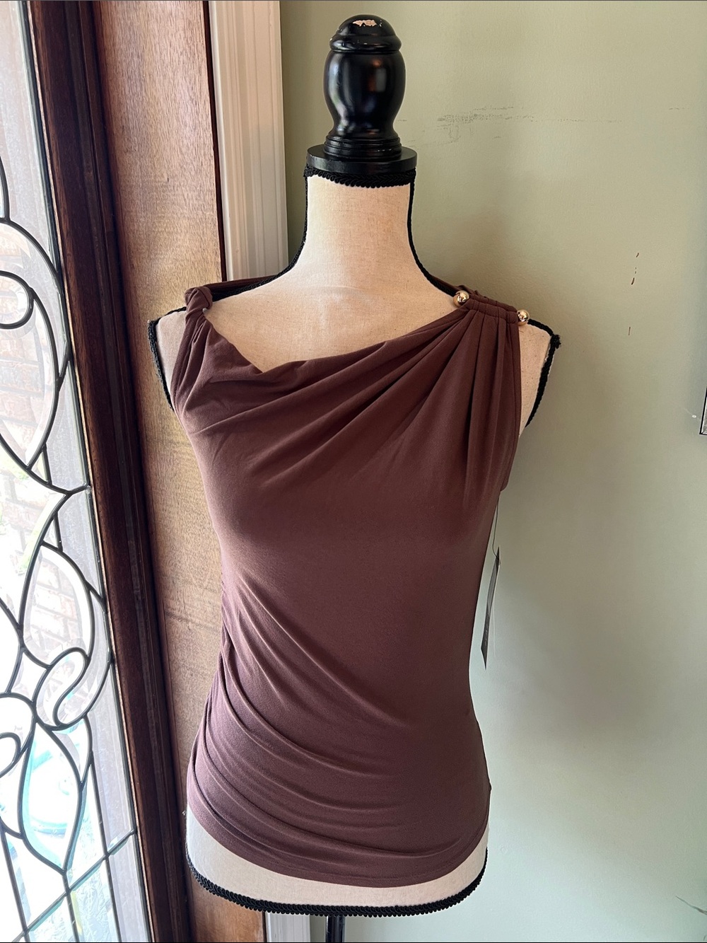 Love Scarlet One-Shoulder Draped Brown Sleeveless Top